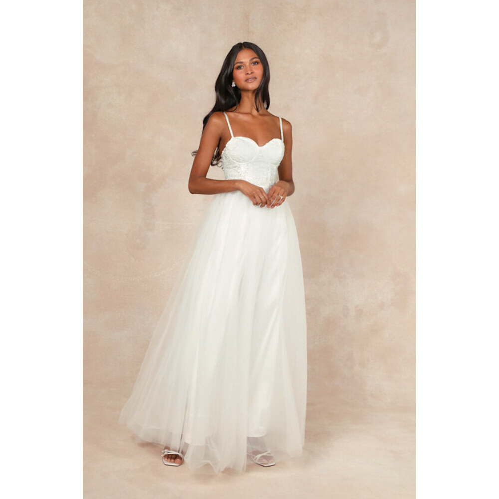 Lulus Romance White Sleeveless Embroidered Bustier Maxi Dress - Small- Worn once